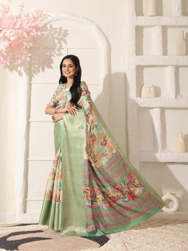 Shivam Fabrics Green Lichi Patta Fabric Printed Saree