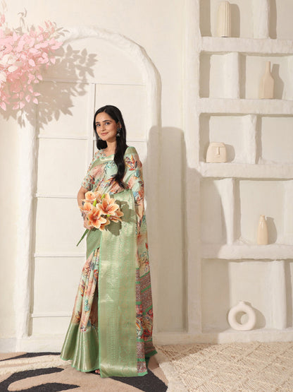 Shivam Fabrics Green Lichi Patta Fabric Printed Saree - Distacart