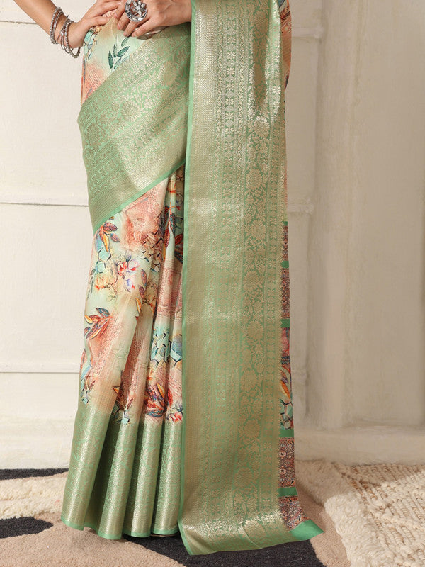 Shivam Fabrics Green Lichi Patta Fabric Printed Saree