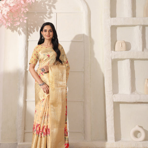 Shivam Fabrics Beige Lichi Patta Fabric Printed Saree
