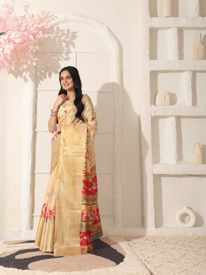 Shivam Fabrics Beige Lichi Patta Fabric Printed Saree - Distacart