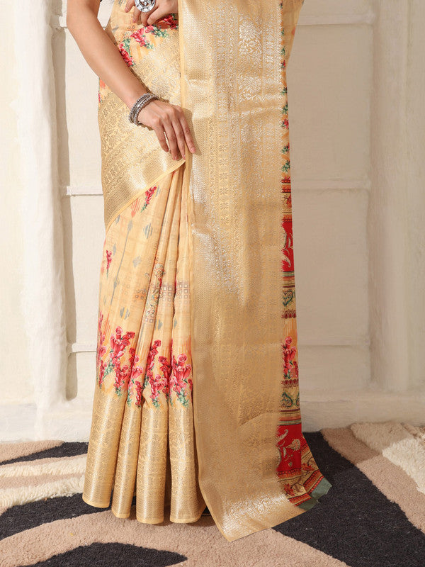 Shivam Fabrics Beige Lichi Patta Fabric Printed Saree