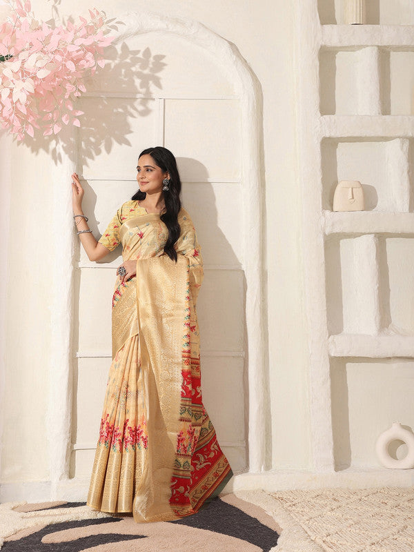 Shivam Fabrics Beige Lichi Patta Fabric Printed Saree