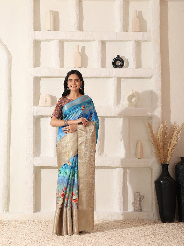 Shivam Fabrics Sky Blue Lichi Patta Fabric Printed Saree