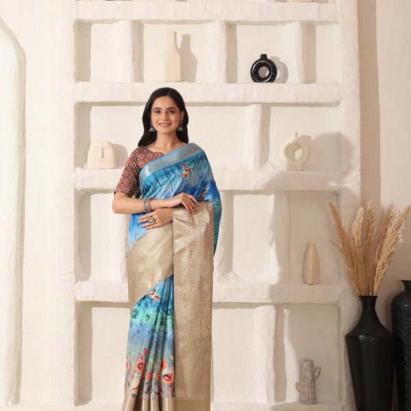 Shivam Fabrics Sky Blue Lichi Patta Fabric Printed Saree