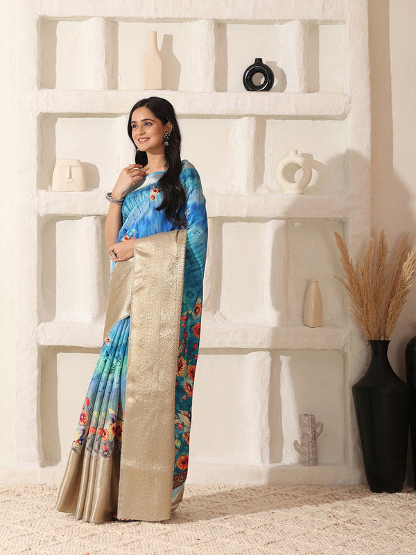Shivam Fabrics Sky Blue Lichi Patta Fabric Printed Saree