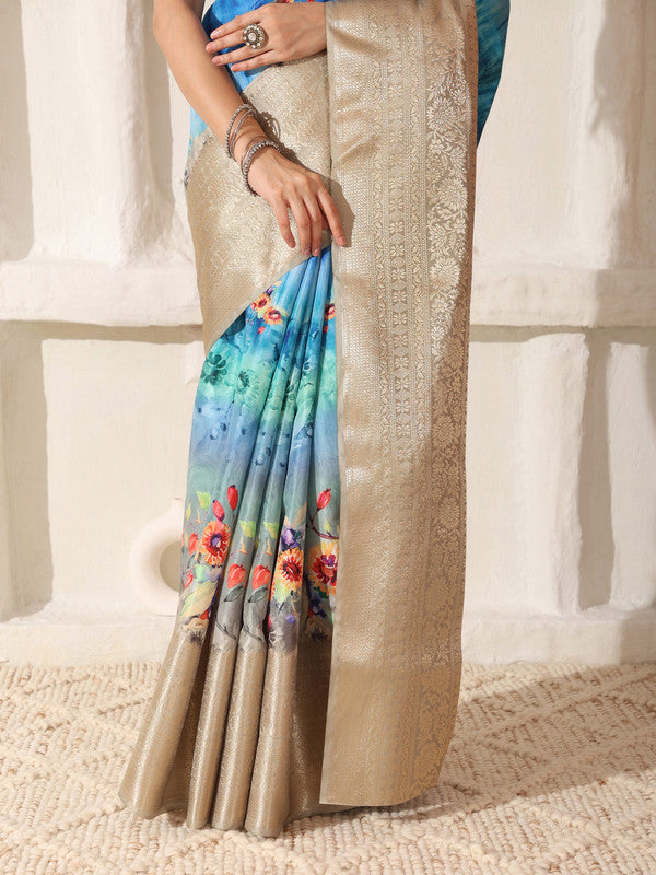 Shivam Fabrics Sky Blue Lichi Patta Fabric Printed Saree