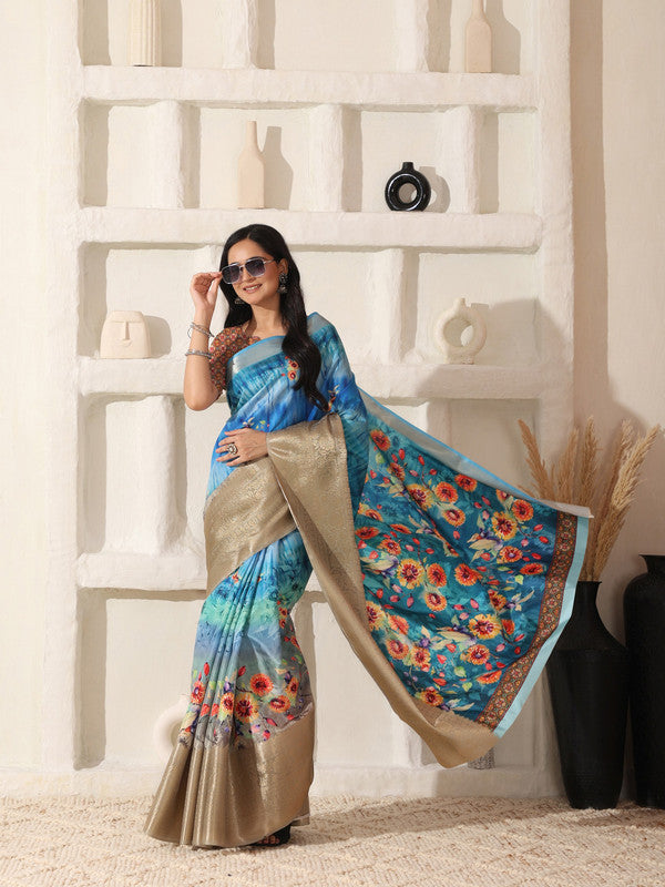 Shivam Fabrics Sky Blue Lichi Patta Fabric Printed Saree - Distacart