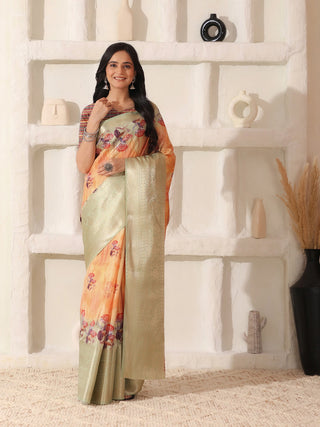 Shivam Fabrics Peach Lichi Patta Fabric Printed Saree