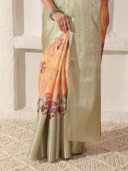 Shivam Fabrics Peach Lichi Patta Fabric Printed Saree - Distacart