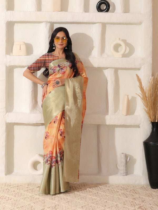 Shivam Fabrics Peach Lichi Patta Fabric Printed Saree