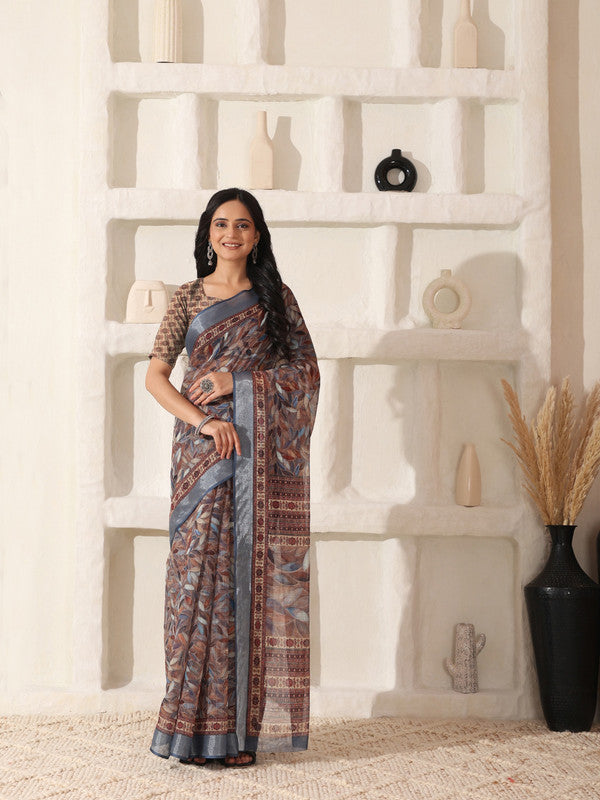 Shivam Fabrics Brown Linen Fabric Printed Saree