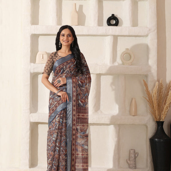 Shivam Fabrics Brown Linen Fabric Printed Saree