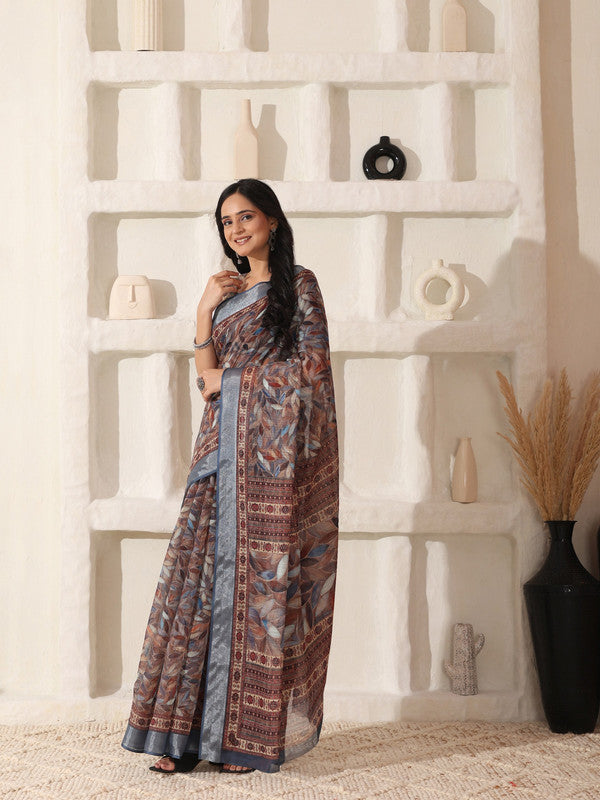 Shivam Fabrics Brown Linen Fabric Printed Saree