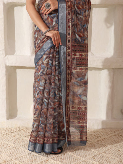 Shivam Fabrics Brown Linen Fabric Printed Saree - Distacart