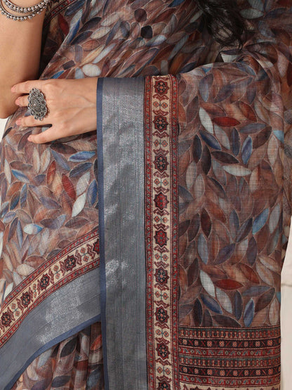 Shivam Fabrics Brown Linen Fabric Printed Saree - Distacart
