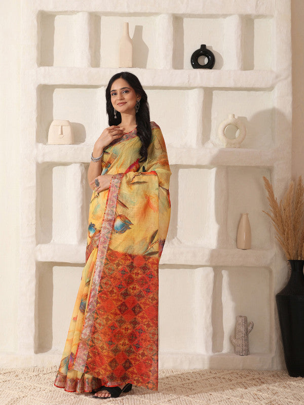 Shivam Fabrics Yellow Linen Fabric Printed Saree