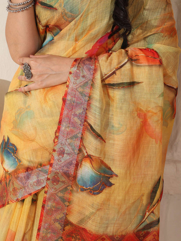 Shivam Fabrics Yellow Linen Fabric Printed Saree
