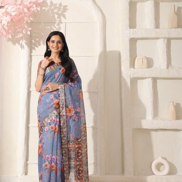 Shivam Fabrics Purple Linen Fabric Printed Saree