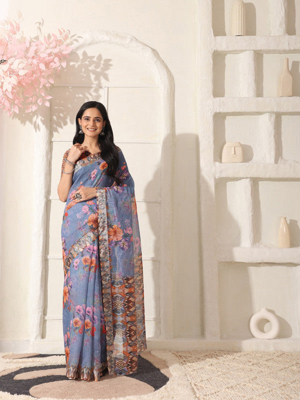 Shivam Fabrics Purple Linen Fabric Printed Saree - Distacart