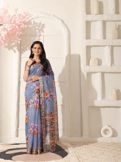 Shivam Fabrics Purple Linen Fabric Printed Saree - Distacart