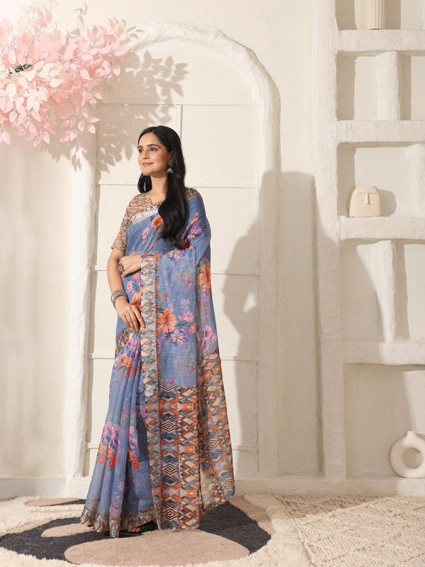 Shivam Fabrics Purple Linen Fabric Printed Saree