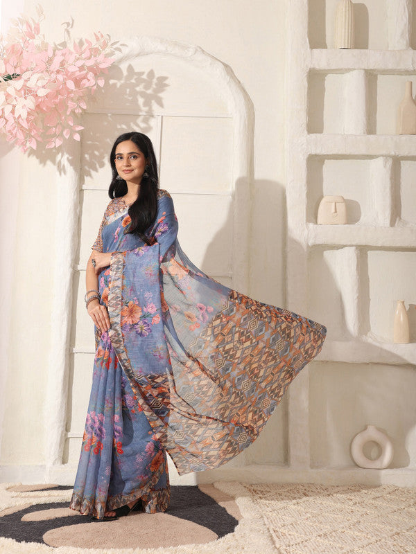 Shivam Fabrics Purple Linen Fabric Printed Saree