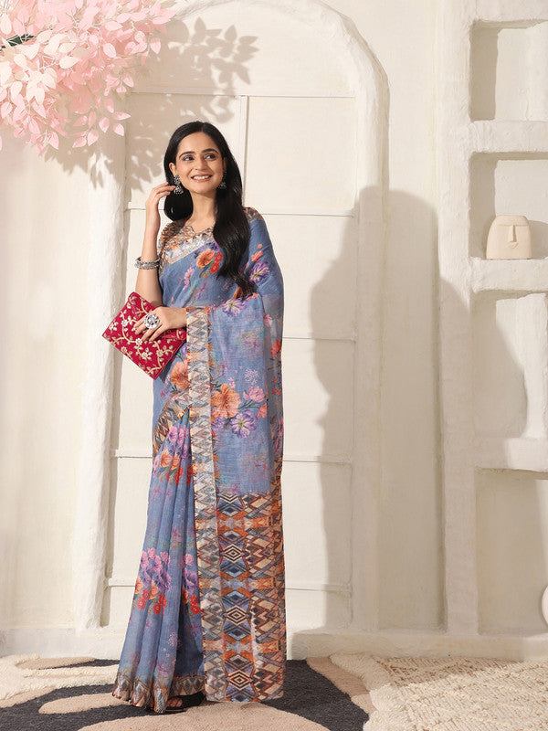 Shivam Fabrics Purple Linen Fabric Printed Saree