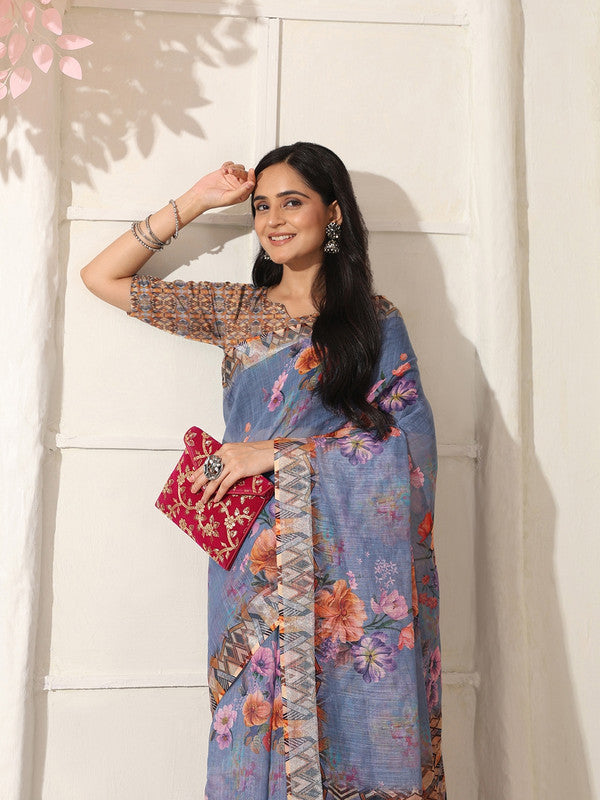 Shivam Fabrics Purple Linen Fabric Printed Saree