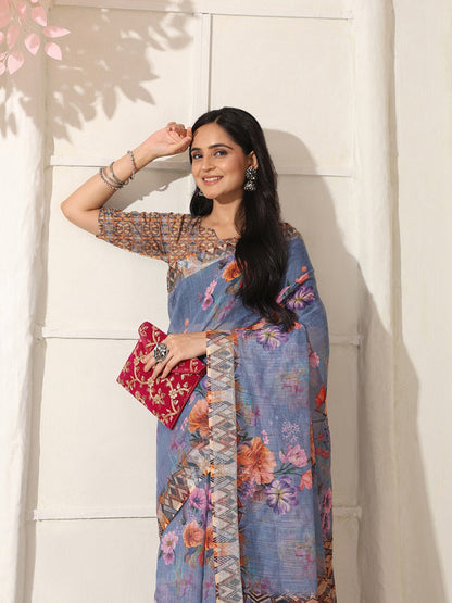 Shivam Fabrics Purple Linen Fabric Printed Saree - Distacart