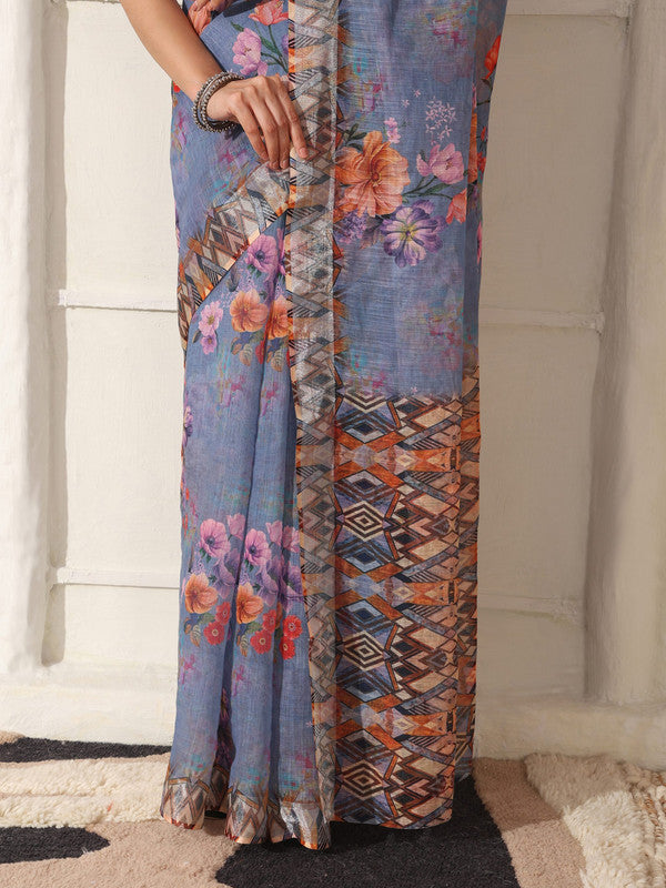 Shivam Fabrics Purple Linen Fabric Printed Saree