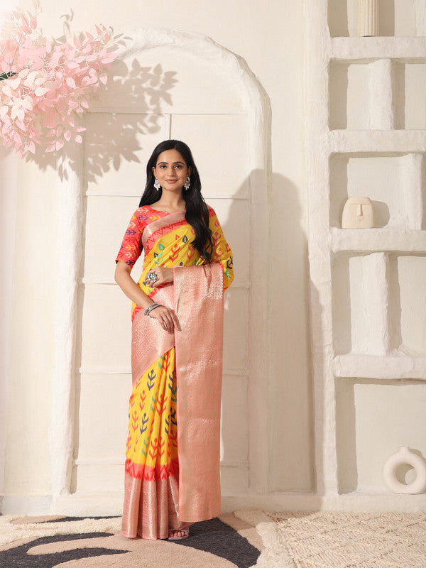 Shivam Fabrics Yellow Lichi Patta Fabric Printed Saree