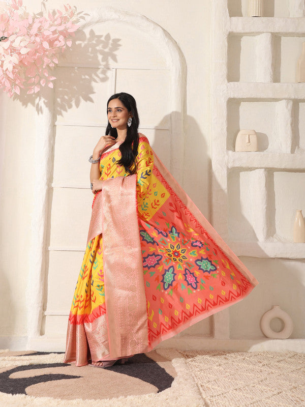 Shivam Fabrics Yellow Lichi Patta Fabric Printed Saree