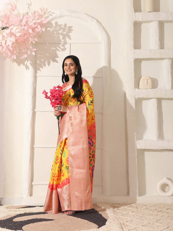 Shivam Fabrics Yellow Lichi Patta Fabric Printed Saree