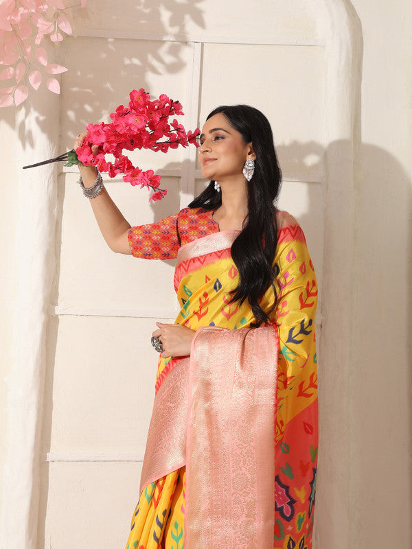 Shivam Fabrics Yellow Lichi Patta Fabric Printed Saree