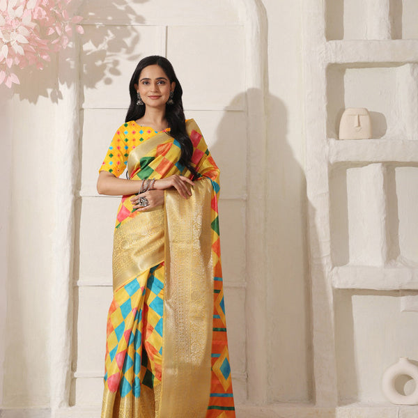 Shivam Fabrics Yellow Lichi Patta Fabric Printed Saree