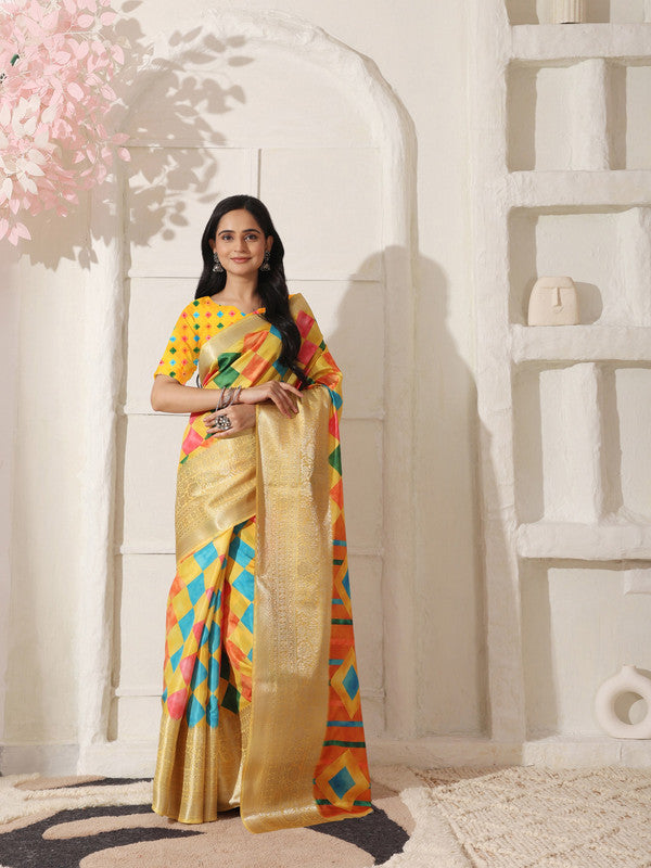 Shivam Fabrics Yellow Lichi Patta Fabric Printed Saree