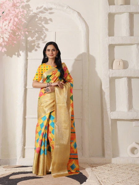 Shivam Fabrics Yellow Lichi Patta Fabric Printed Saree