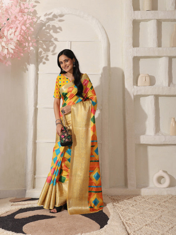Shivam Fabrics Yellow Lichi Patta Fabric Printed Saree