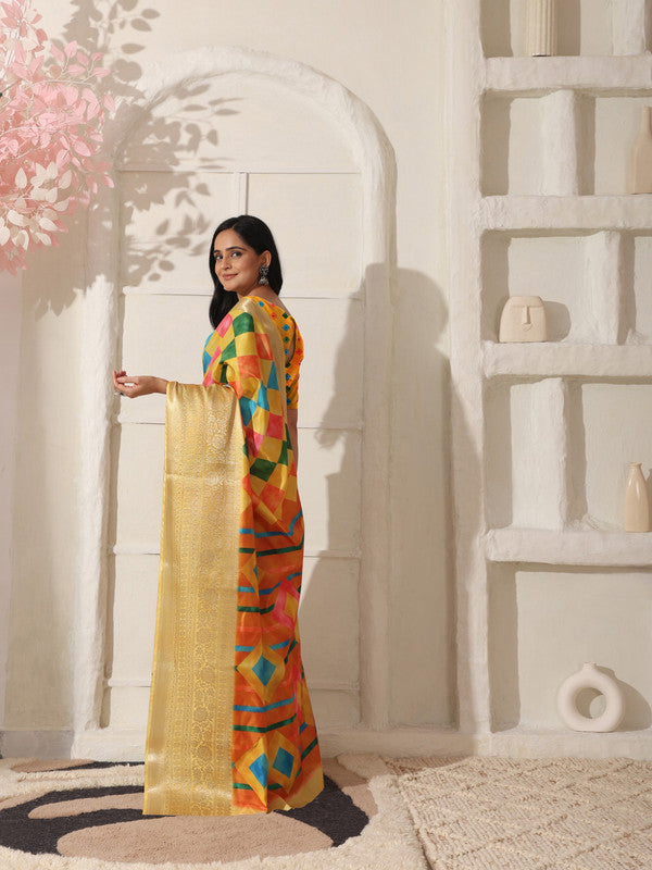 Shivam Fabrics Yellow Lichi Patta Fabric Printed Saree - Distacart