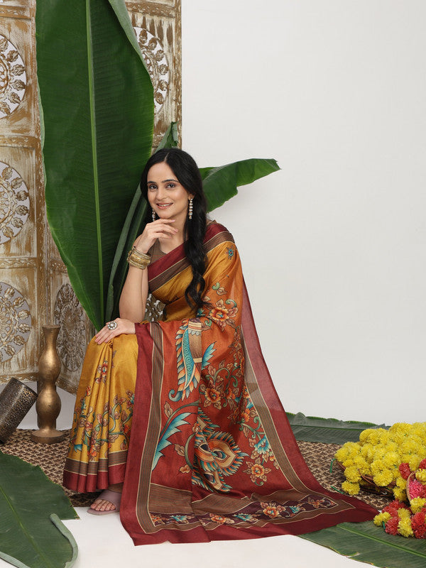 Shivam Fabrics Yellow Tussar Silk Fabric Printed Saree