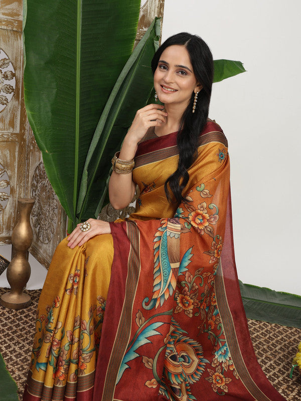 Shivam Fabrics Yellow Tussar Silk Fabric Printed Saree