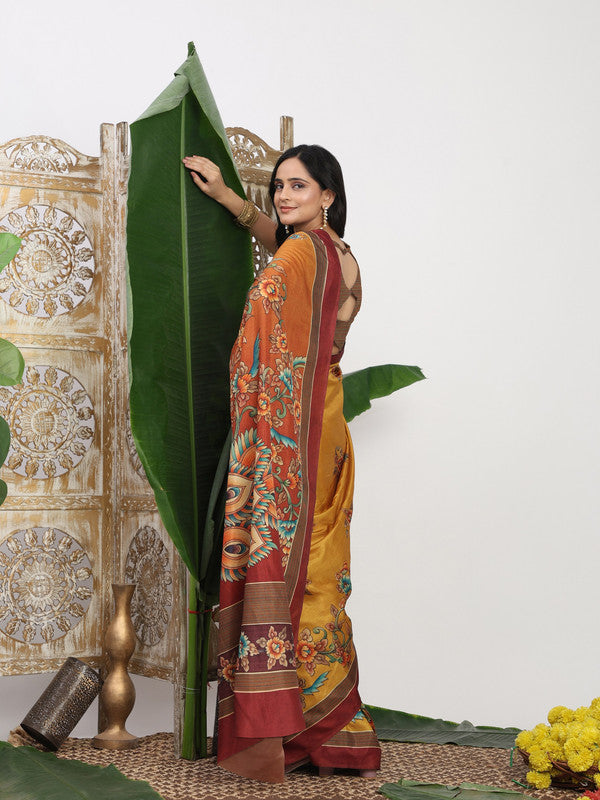 Shivam Fabrics Yellow Tussar Silk Fabric Printed Saree