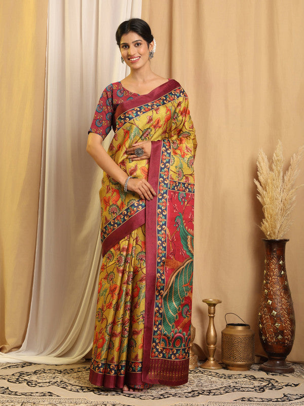 Shivam Fabrics Yellow Tussar Silk Fabric Printed Saree
