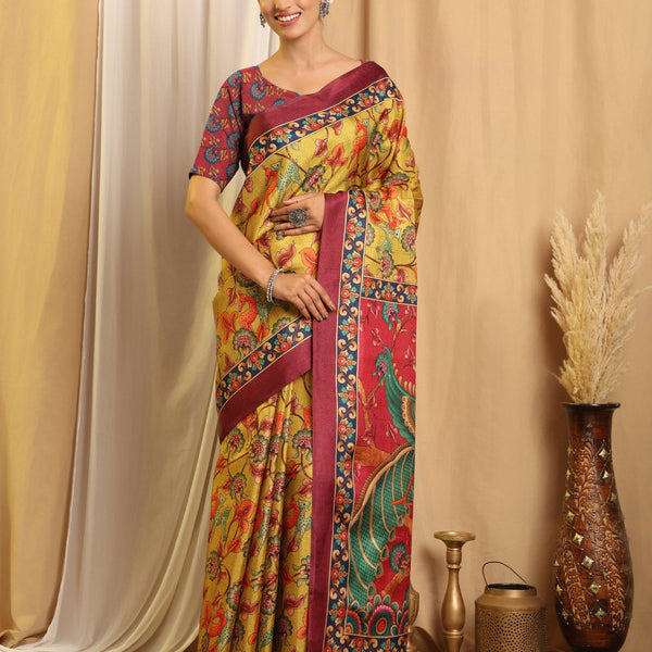 Shivam Fabrics Yellow Tussar Silk Fabric Printed Saree