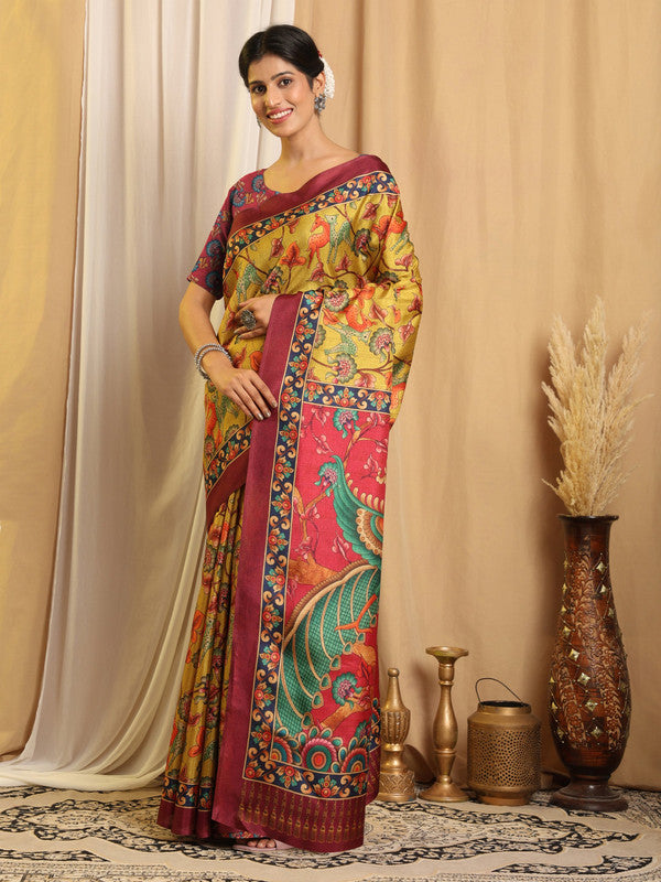 Shivam Fabrics Yellow Tussar Silk Fabric Printed Saree