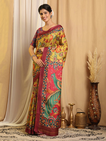 Shivam Fabrics Yellow Tussar Silk Fabric Printed Saree - Distacart