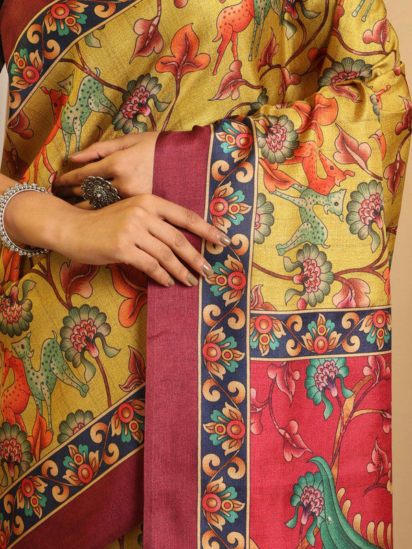 Shivam Fabrics Yellow Tussar Silk Fabric Printed Saree