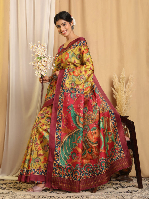 Shivam Fabrics Yellow Tussar Silk Fabric Printed Saree