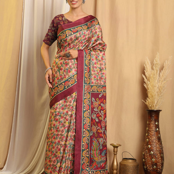 Shivam Fabrics Multi Color Tussar Silk Fabric Printed Saree